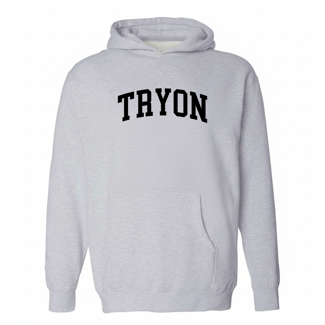 Heather-gray hoodie with the Tryon varsity arched lettering design on the chest.