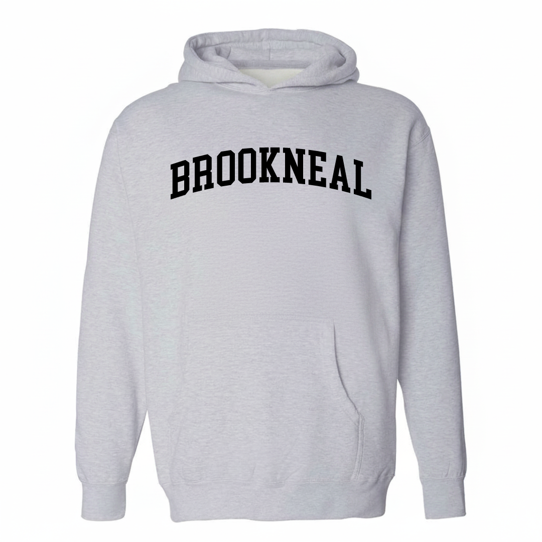 Heather-gray hoodie with the Brookneal varsity arched lettering design on the chest.