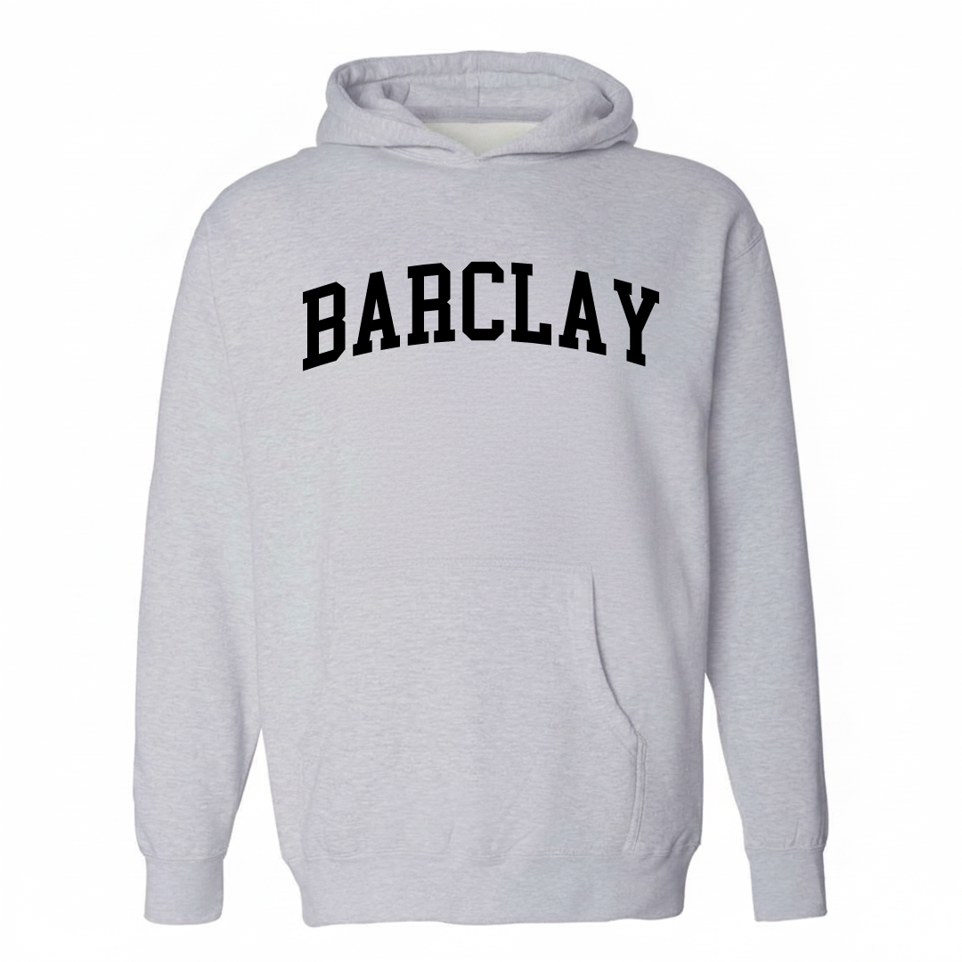 Heather-gray hoodie with the Barclay varsity arched lettering design on the chest.