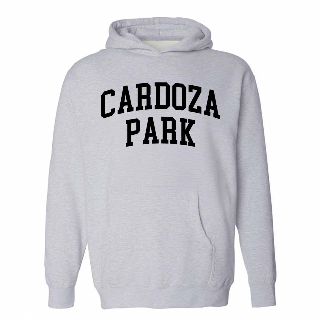 Heather-gray hoodie with the Cardoza Park varsity arched lettering design on the chest.