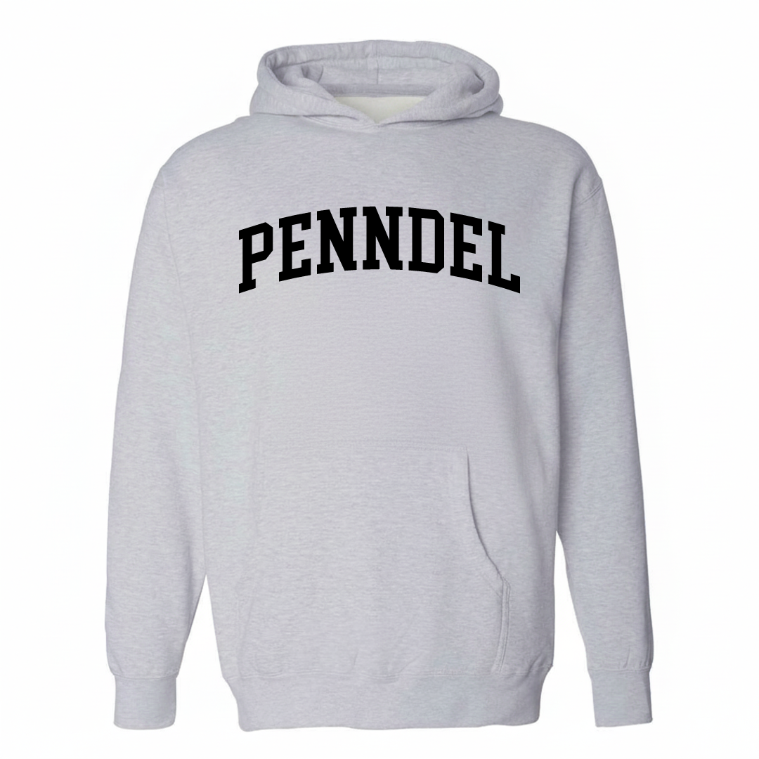 Heather-gray hoodie with the Penndel varsity arched lettering design on the chest.