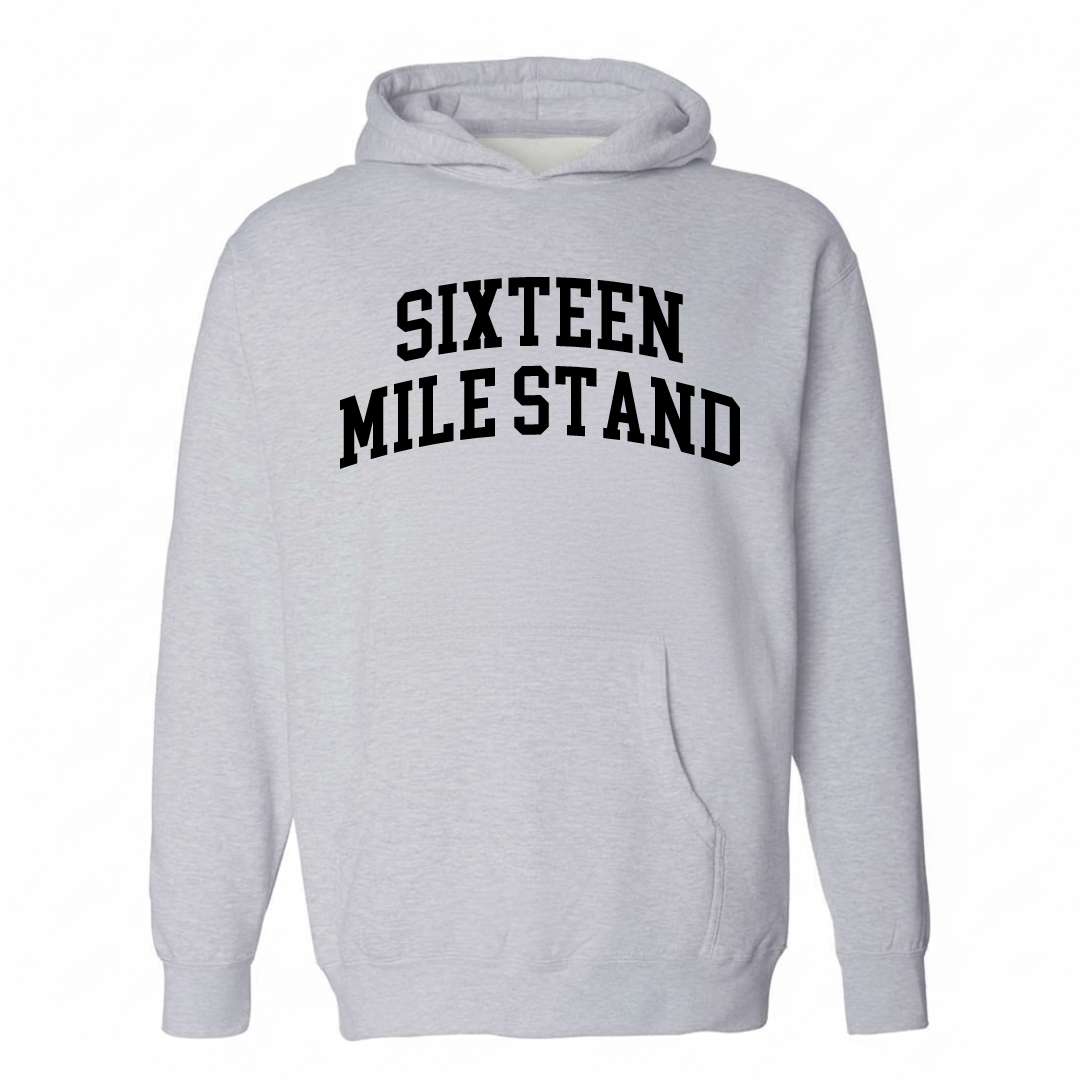 Heather-gray hoodie with the Sixteen Mile Stand varsity arched lettering design on the chest.