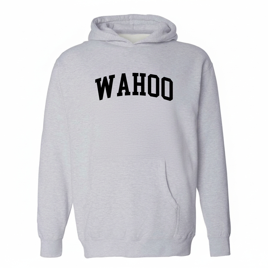 Heather-gray hoodie with the Wahoo Nebraska varsity arched lettering design on the chest.
