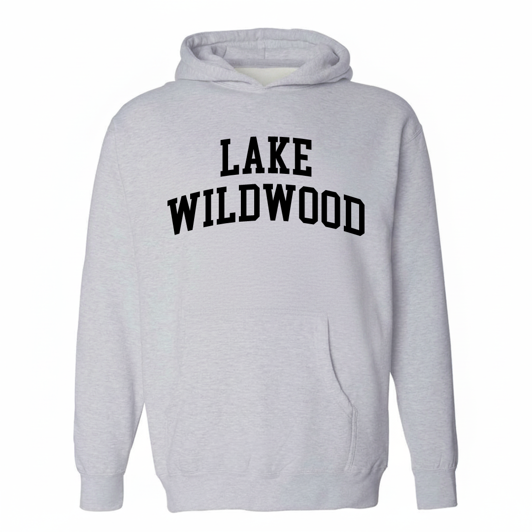 Heather-gray hoodie with the Lake Wildwood varsity arched lettering design on the chest.