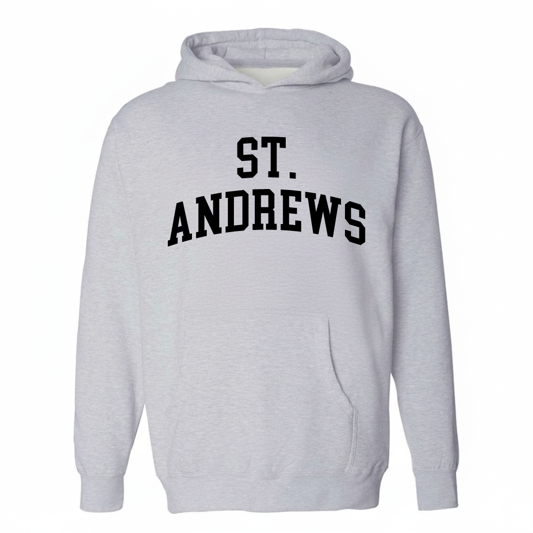Heather-gray hoodie with the St. Andrews arched lettering design on the chest.