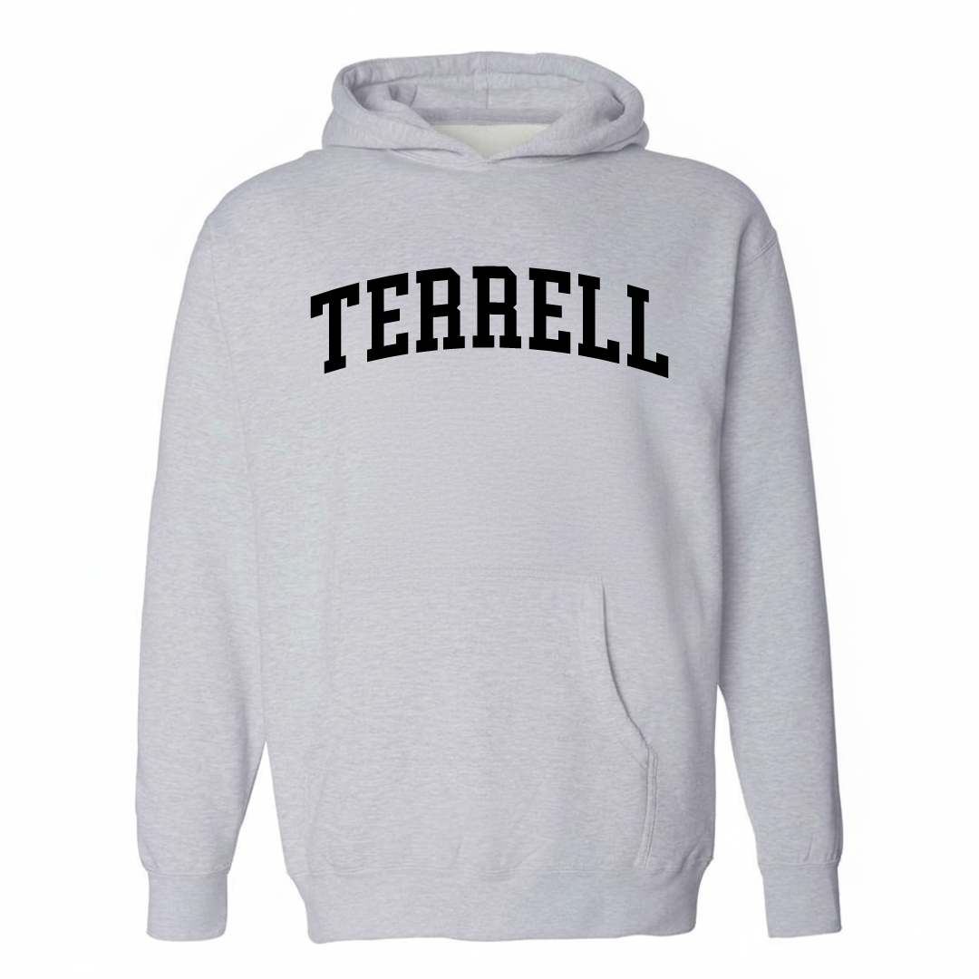 Heather-gray hoodie with the Terrell NC arched lettering varsity-collegiate design on the chest.