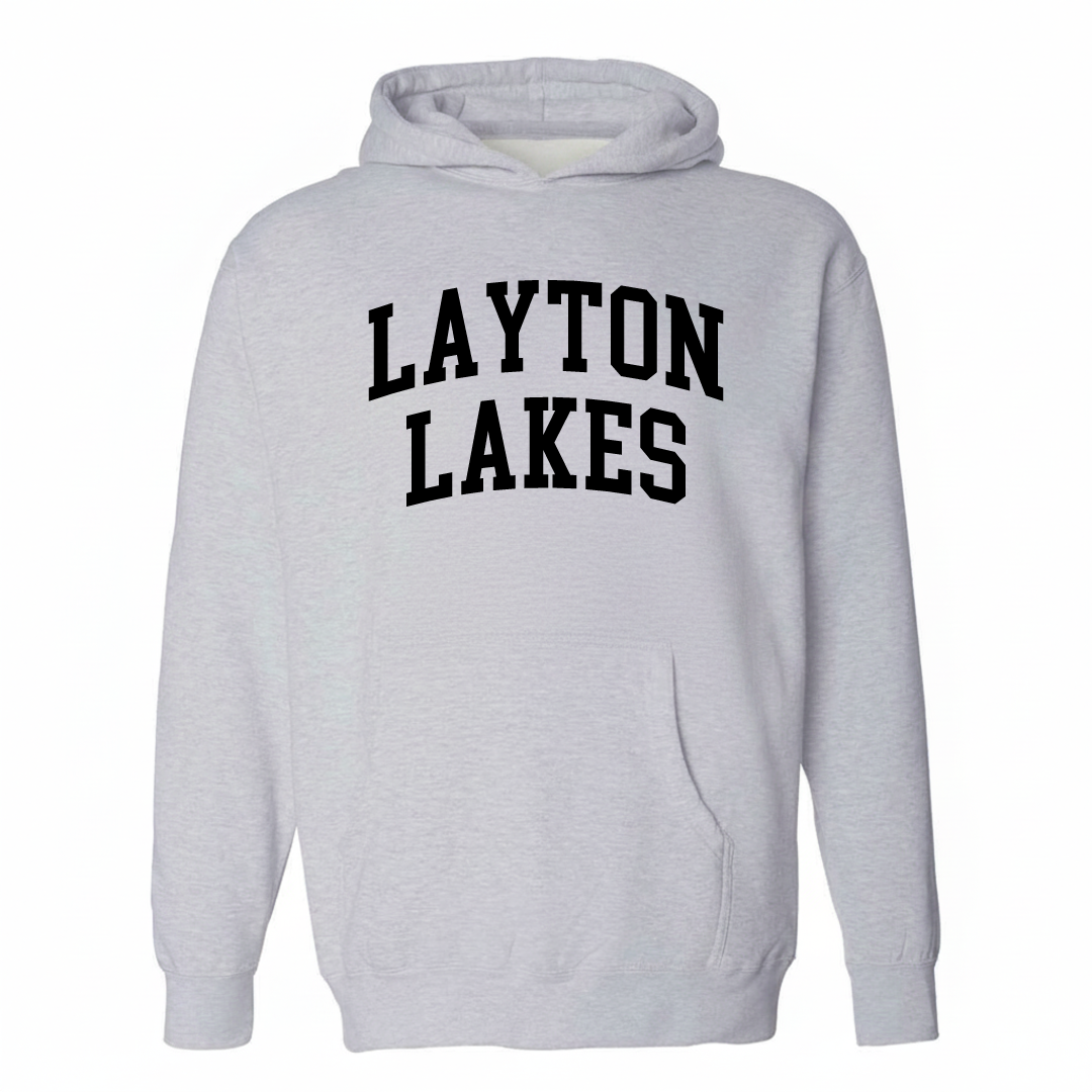 Heather-gray hoodie with the Layton Lakes varsity arched lettering design on the chest.