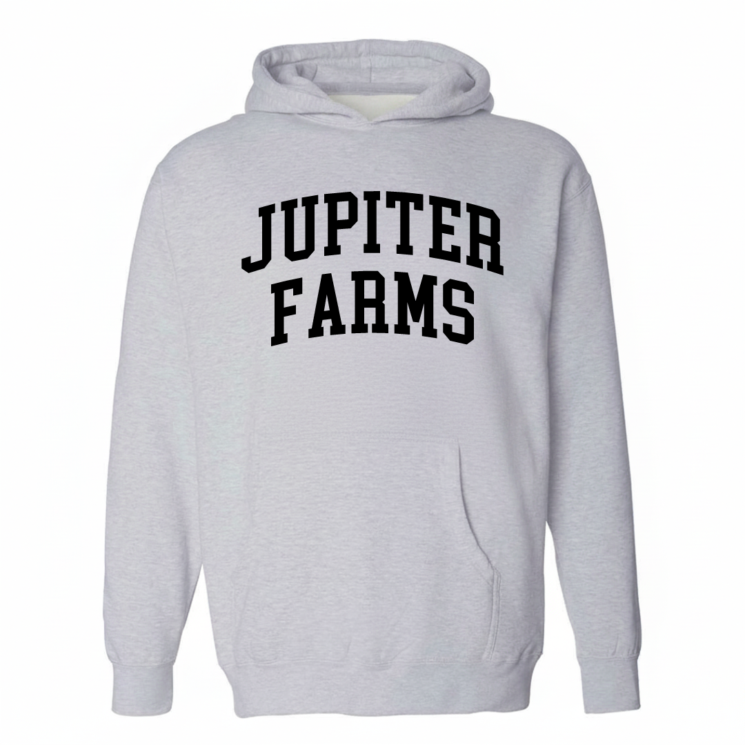 Heather-gray hoodie with the Jupiter Farms varsity arched lettering design on the chest.