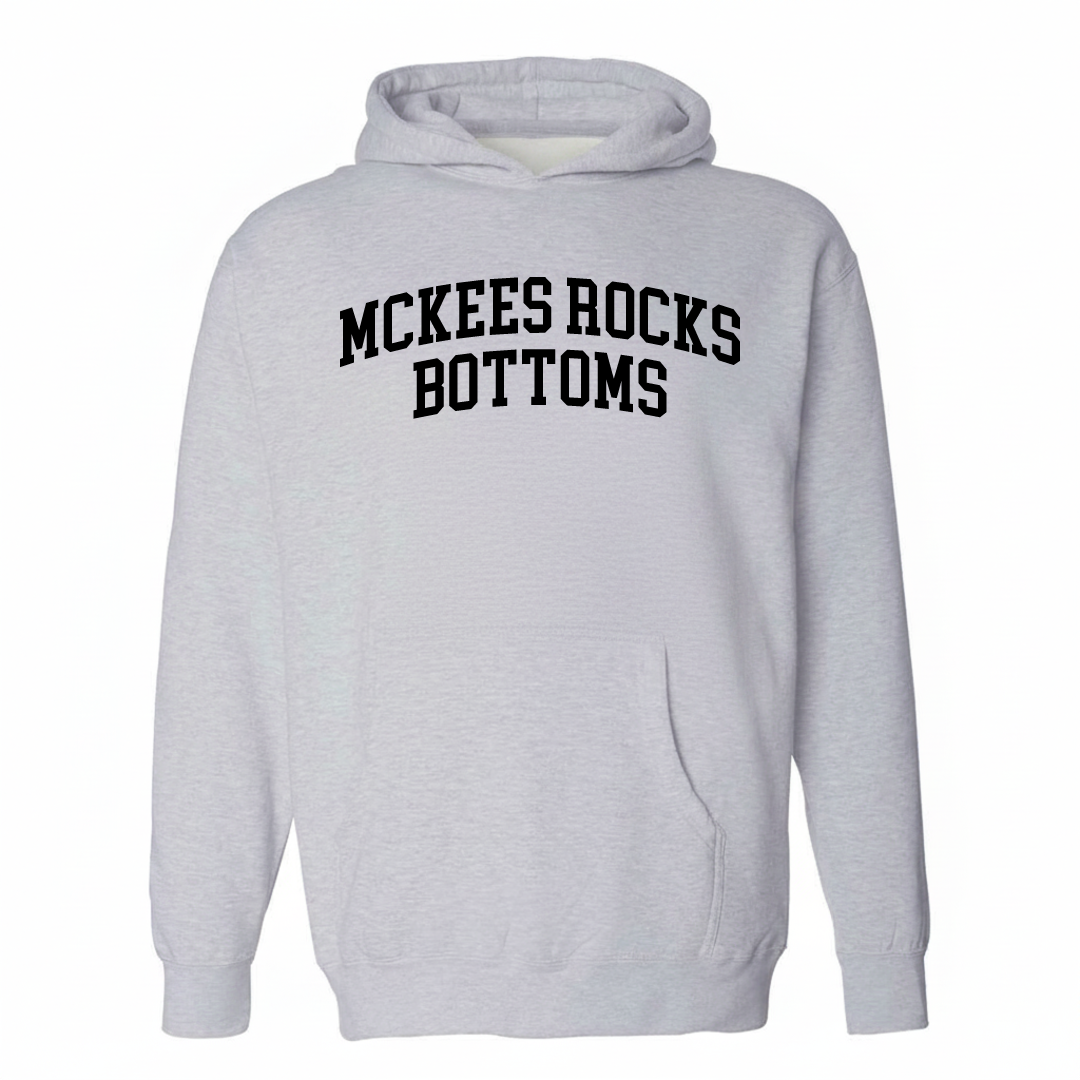 Heather-gray hoodie with the McKees Rocks Bottoms varsity arched lettering design on the chest.