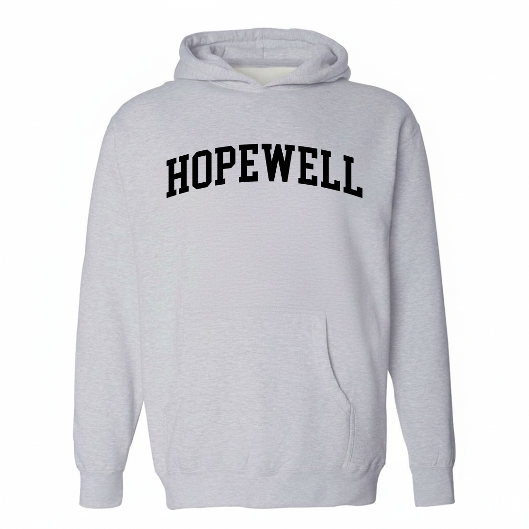 Heather-gray hoodie with the Hopewell varsity arched lettering design on the chest.