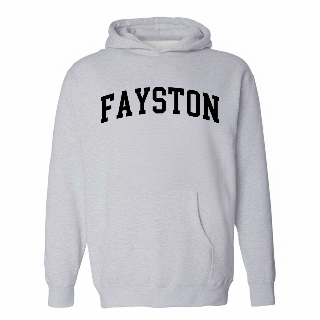 Heather-gray hoodie with the Fayston varsity arched lettering design on the chest.