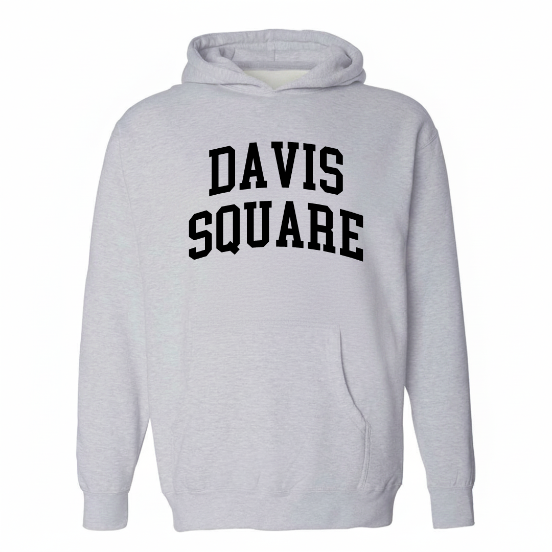 Heather-gray hoodie with the Davis Square varsity arched lettering design on the chest.