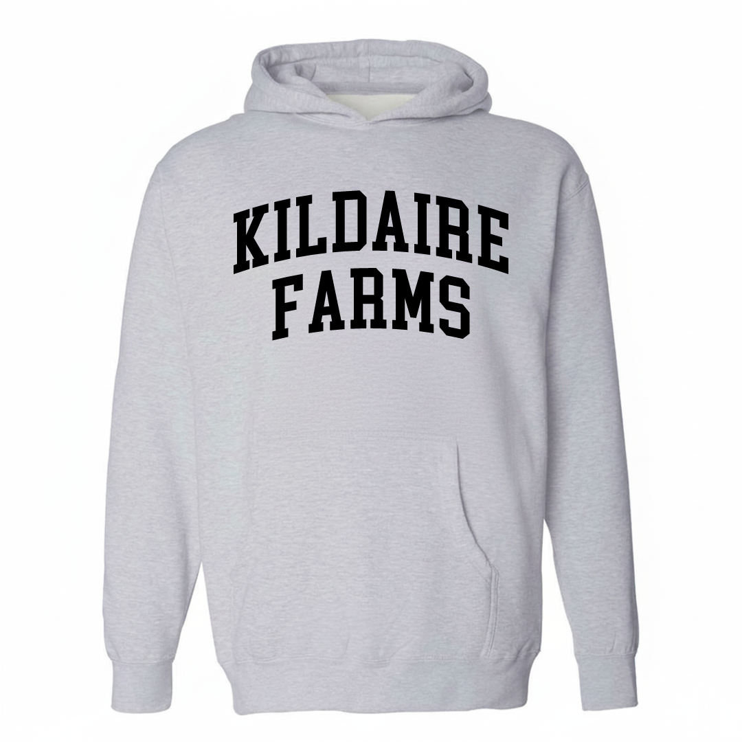 Heather-gray hoodie with the Kildaire Farms varsity arched lettering design on the chest.