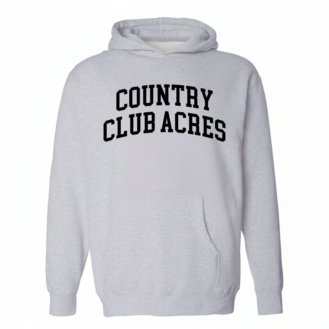 Heather-gray hoodie with the Country Club Acres varsity arched lettering design on the chest.