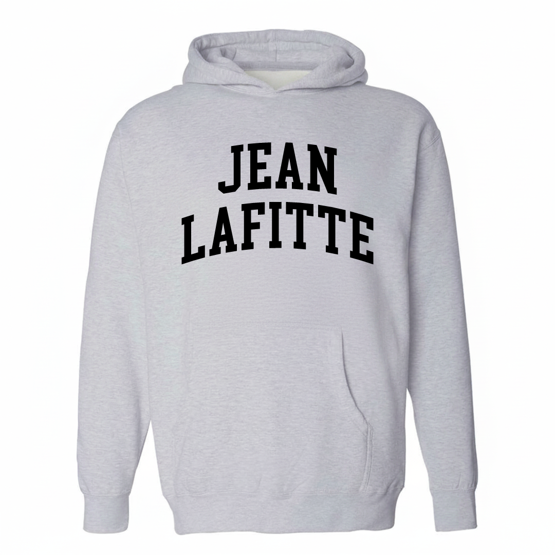 Heather-gray hoodie with the Jean Lafitte varsity arched lettering design on the chest.