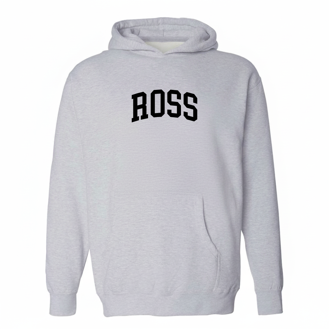 Heather-gray hoodie with the Ross Township varsity arched lettering design on the chest.