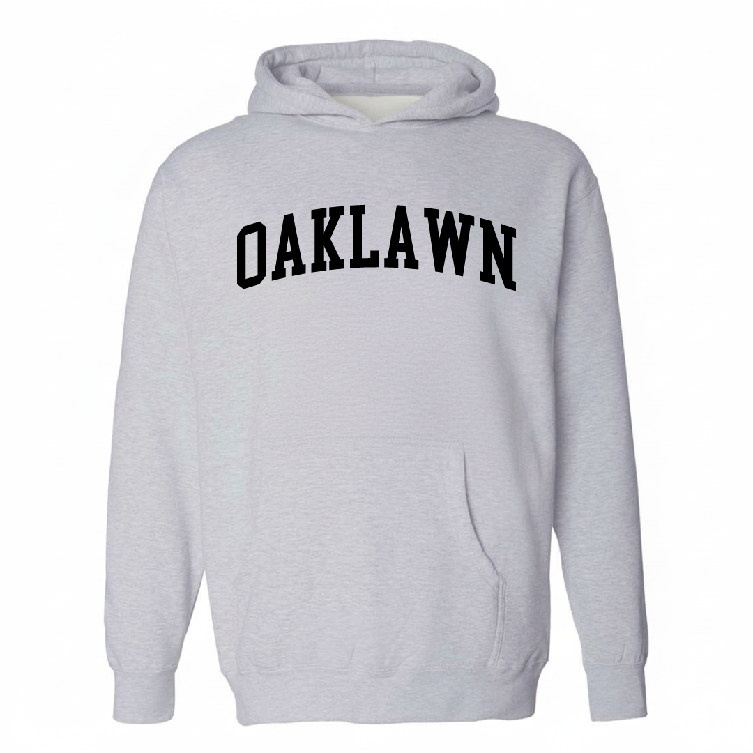 Heather-gray hoodie with the Oaklawn varsity arched lettering design on the chest.