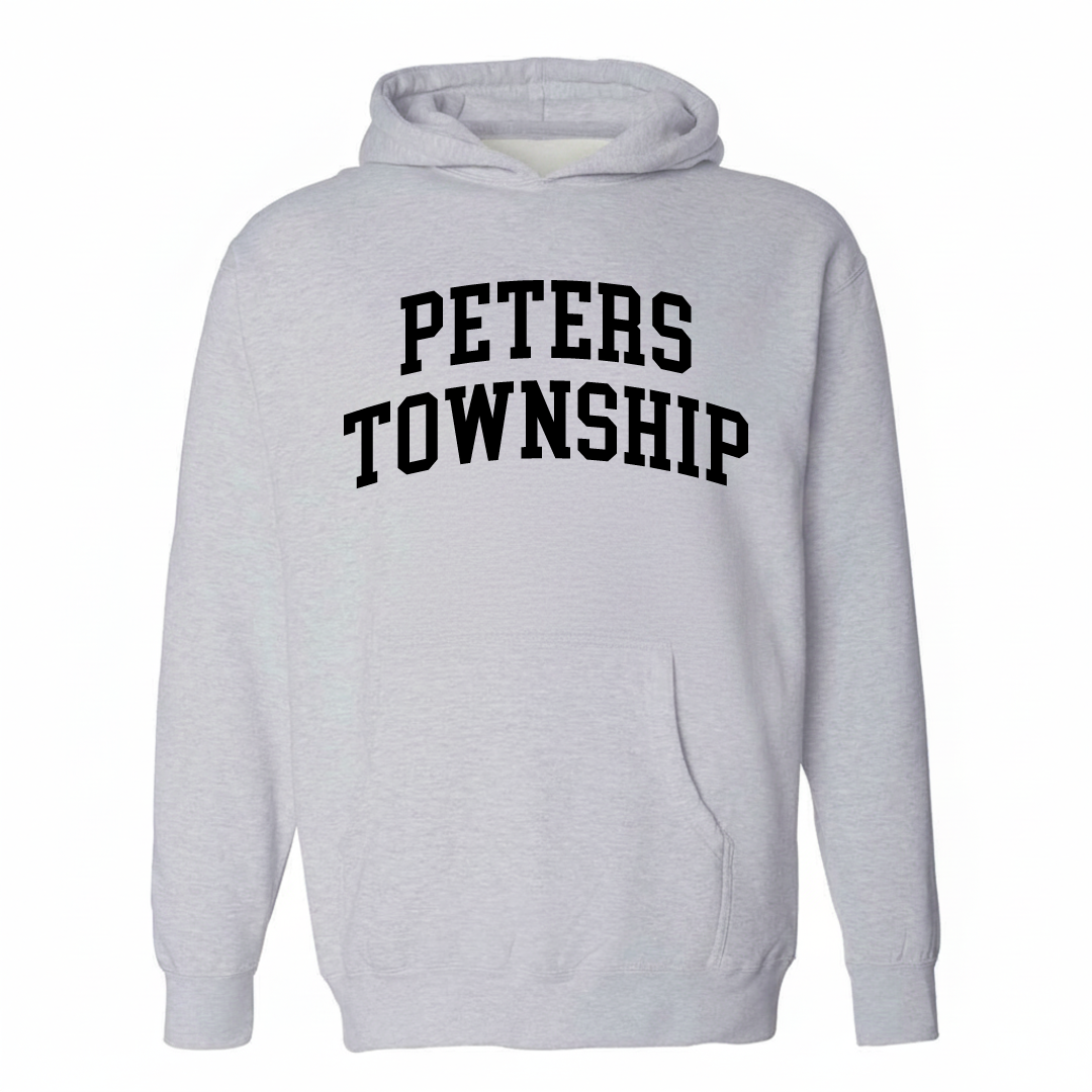 Heather-gray hoodie with the Peters Township varsity arched lettering design on the chest.