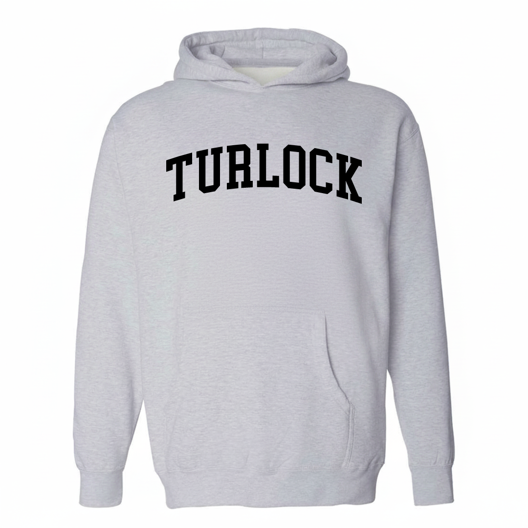 Heather-gray hoodie with the Turlock varsity arched lettering design on the chest.