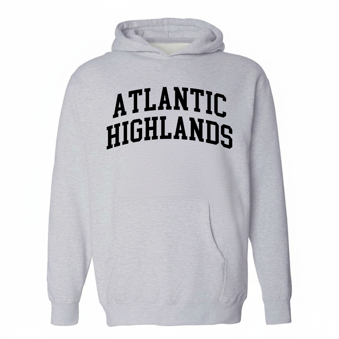 Heather-gray hoodie with the Atlantic Highlands varsity arched lettering design on the chest.