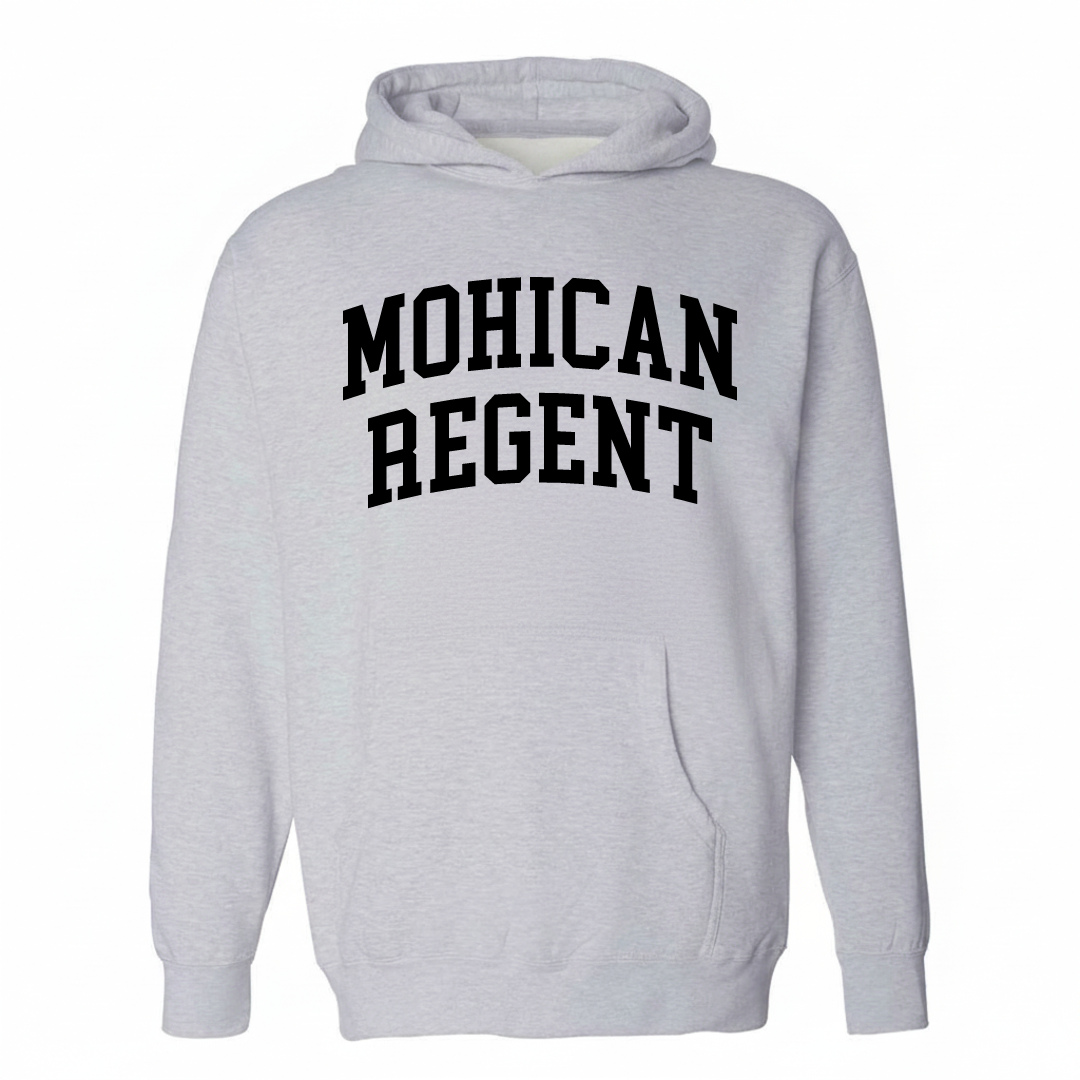 Heather-gray hoodie with the Mohican Regent varsity arched lettering design on the chest.