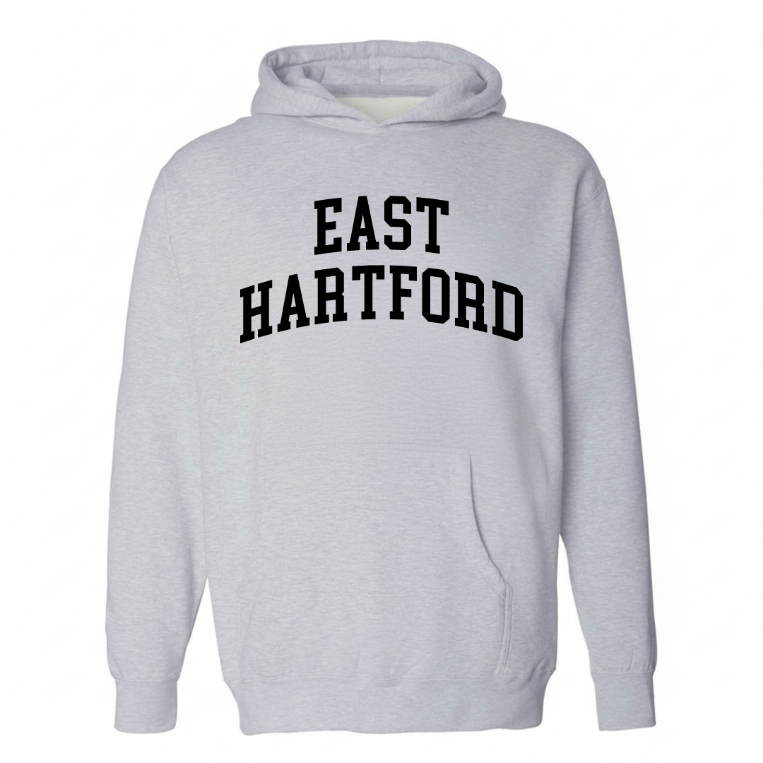 Heather-gray hoodie with the East Hartford varsity arched lettering design on the chest.
