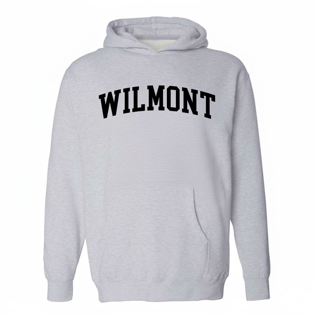 Heather-gray hoodie with the Wilmont arched varsity lettering design on the chest.