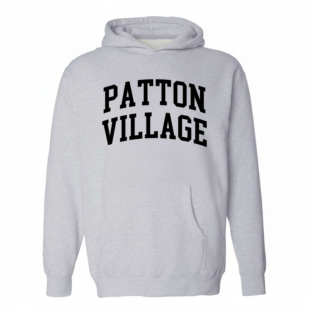 Heather-gray hoodie with the Patton Village varsity arched lettering design on the chest.