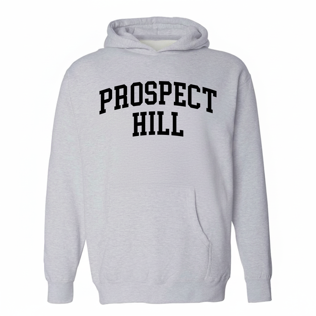 Heather-gray hoodie with the Prospect Hill varsity arched lettering design on the chest.
