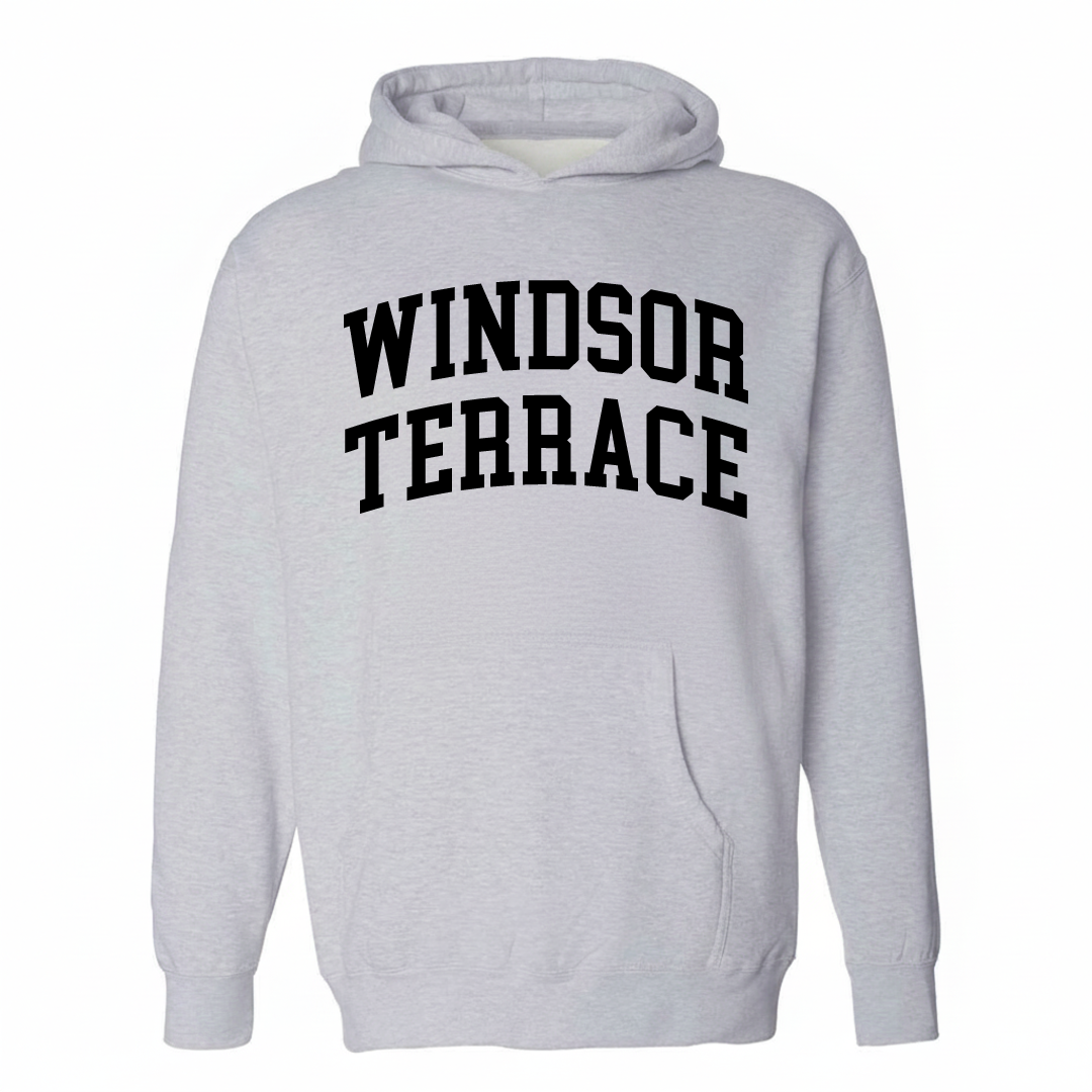 Heather-gray hoodie with the Windsor Terrace varsity arched lettering design on the chest.