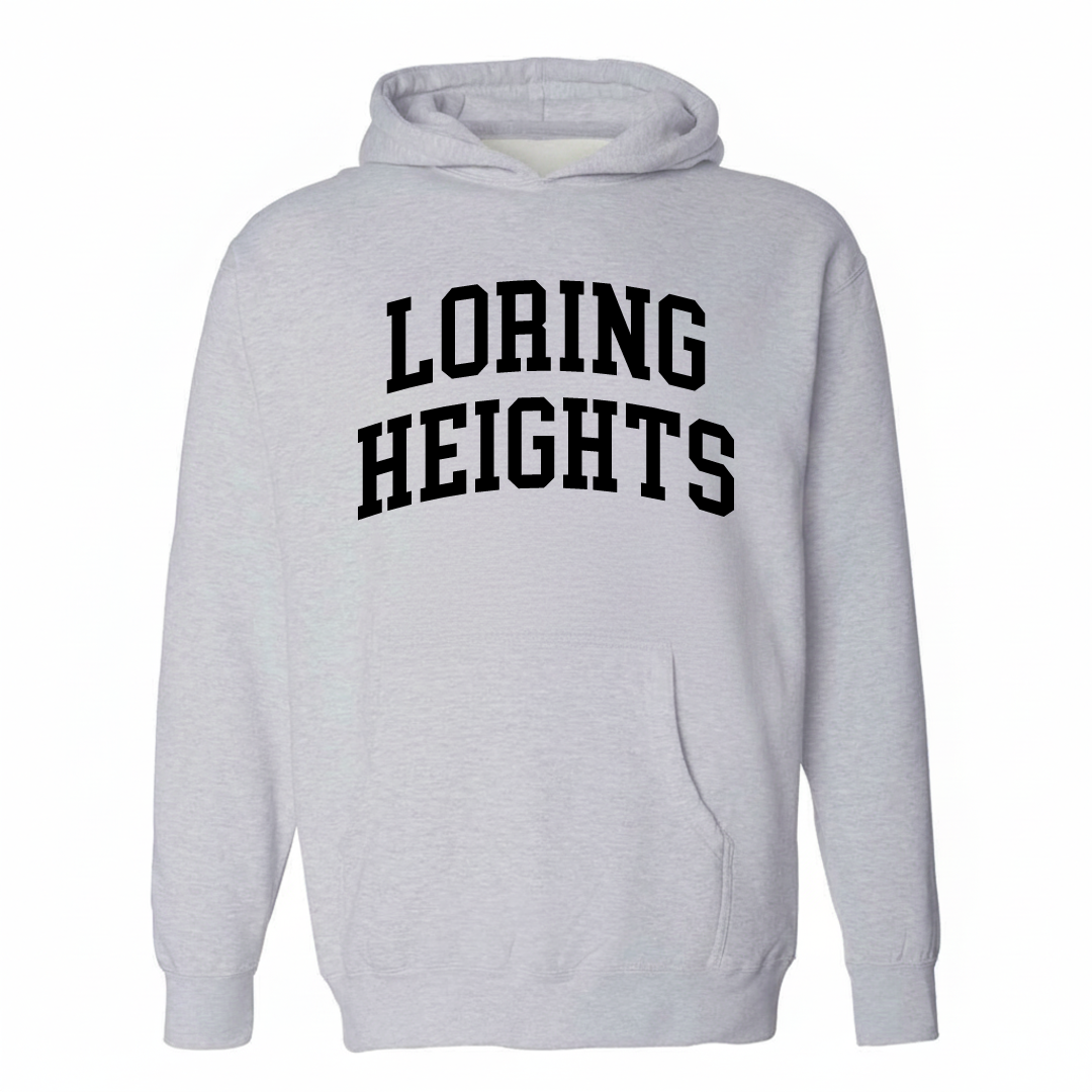 Heather-gray hoodie with the Loring Heights varsity arched lettering design on the chest.