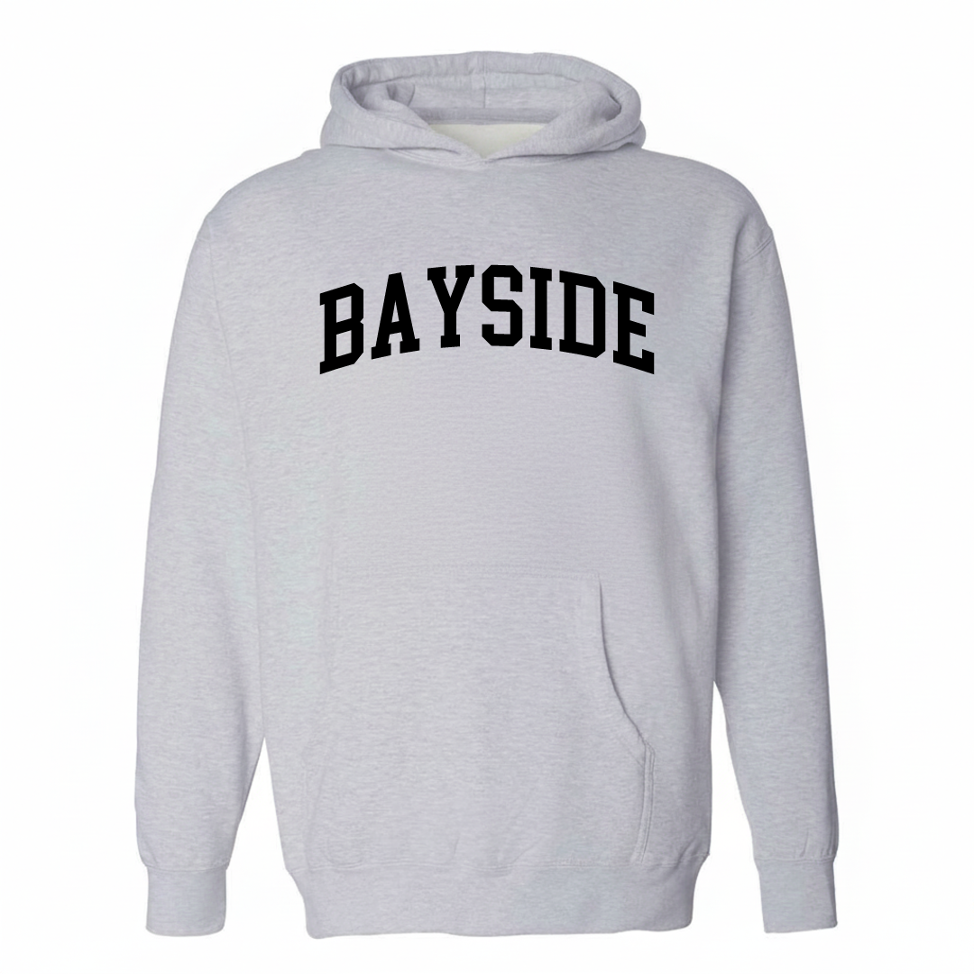 Heather-gray hoodie with the Bayside varsity arched lettering design on the chest.
