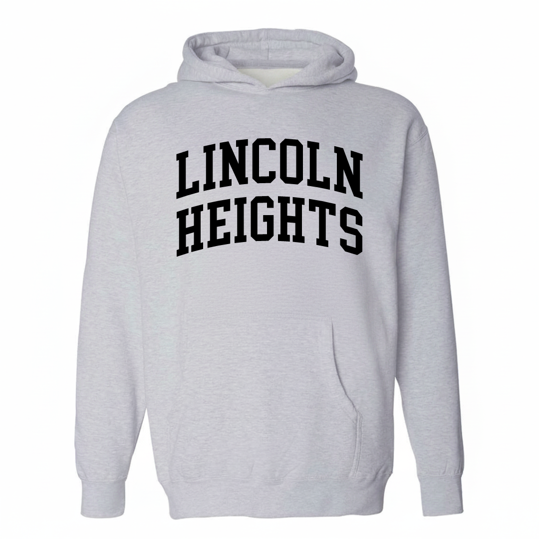 Heather-gray hoodie with the Lincoln Heights arched lettering varsity-collegiate design on the chest.