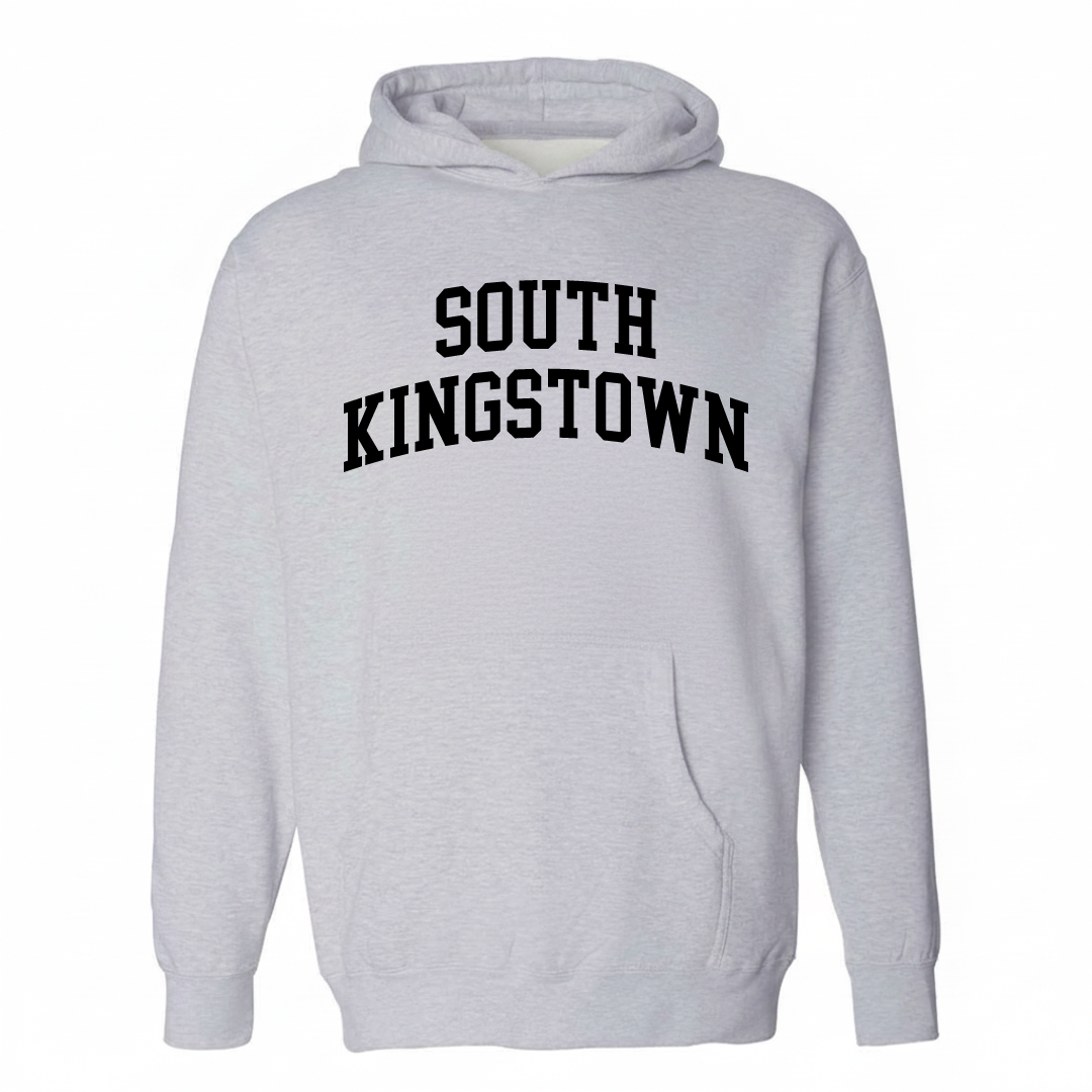 Heather-gray hoodie with the South Kingstown varsity arched lettering design on the chest.