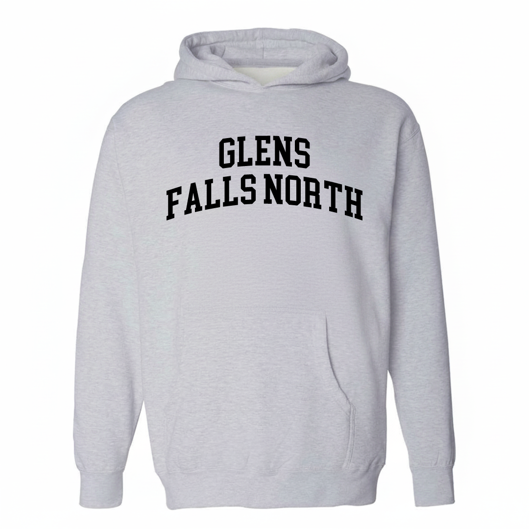 Heather-gray hoodie with the Glens Falls North varsity arched lettering design on the chest.