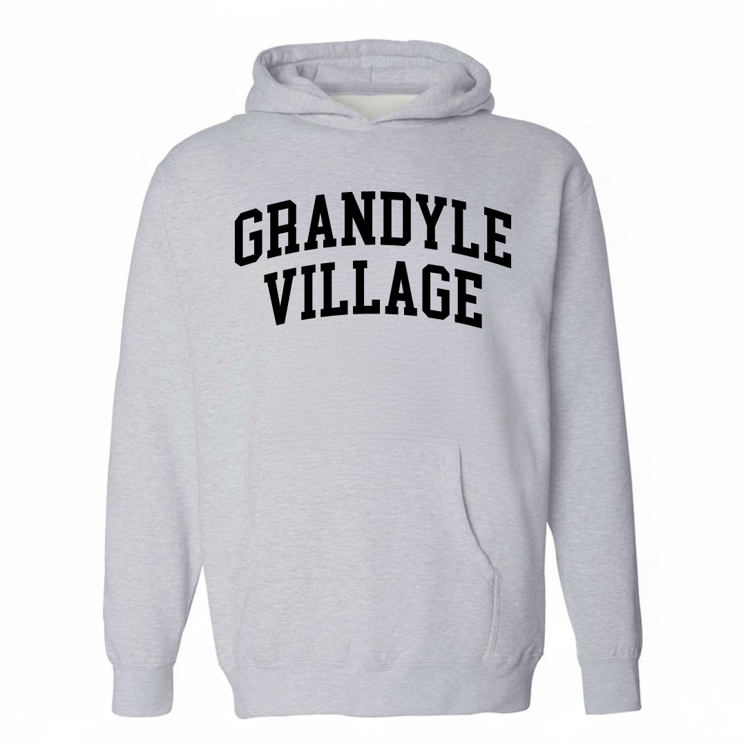 Heather-gray hoodie with the Grandyle Village varsity arched lettering design on the chest.