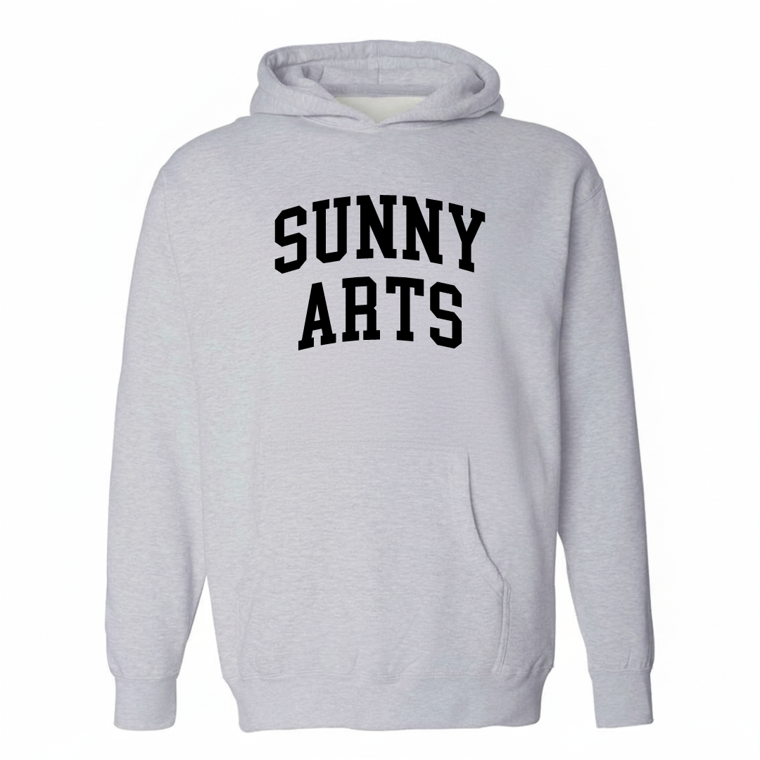 Heather-gray hoodie with the Sunny Arts varsity arched lettering design on the chest.