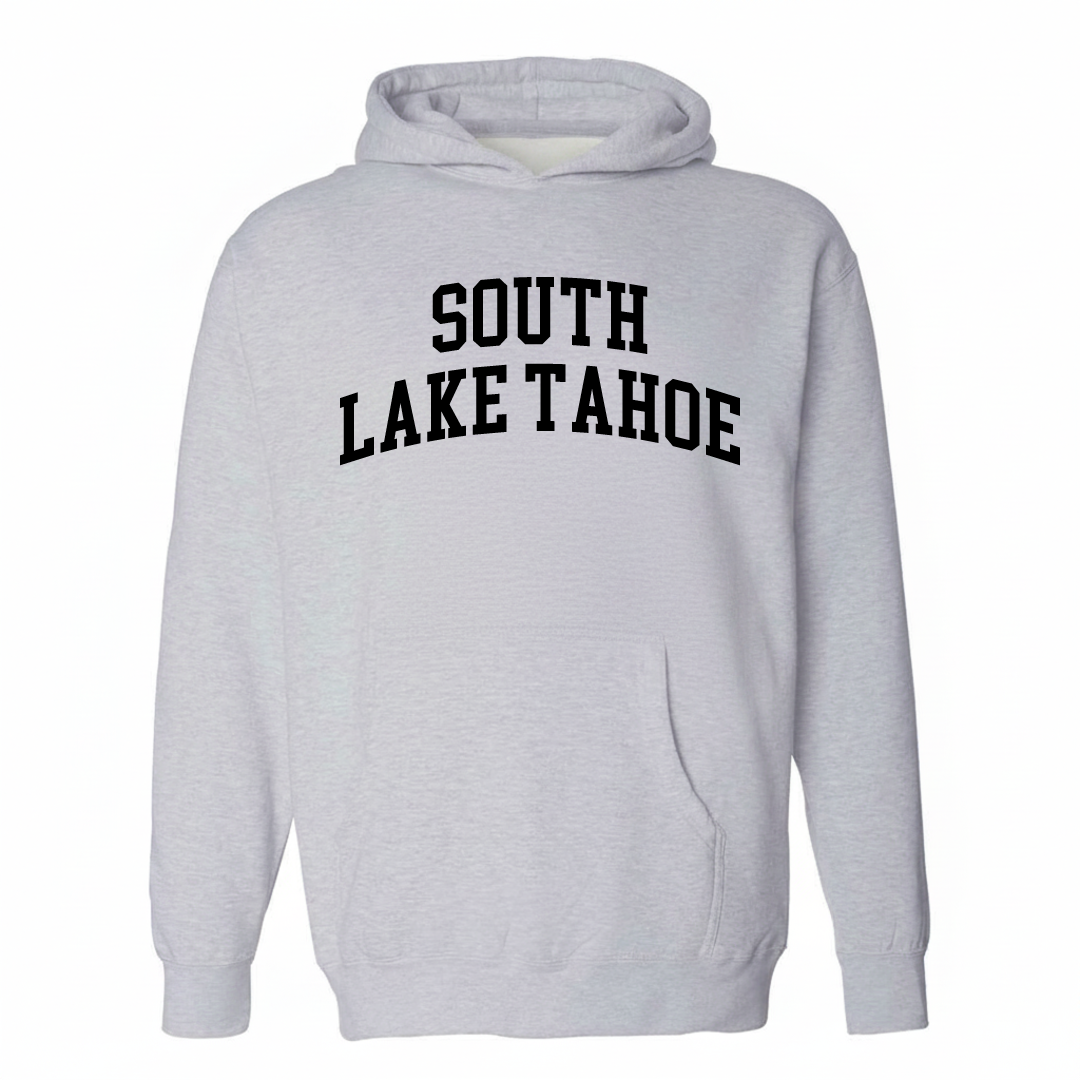 Heather-gray hoodie with the South Lake Tahoe varsity arched lettering design on the chest.