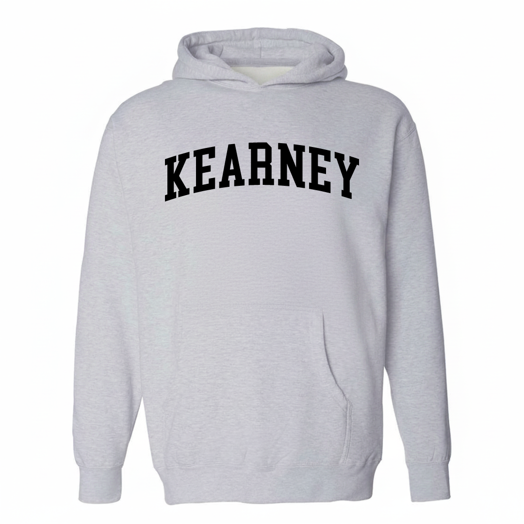 Heather-gray hoodie with the Kearney varsity arched lettering design on the chest.