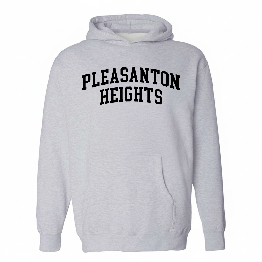 Heather-gray hoodie with the Pleasanton Heights varsity arched lettering design on the chest.