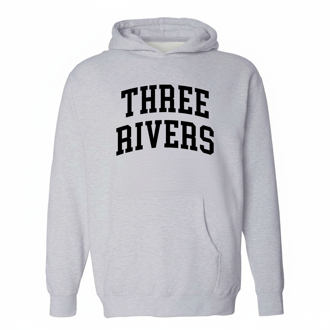 Heather-gray hoodie with the Three Rivers arched varsity lettering design on the chest.