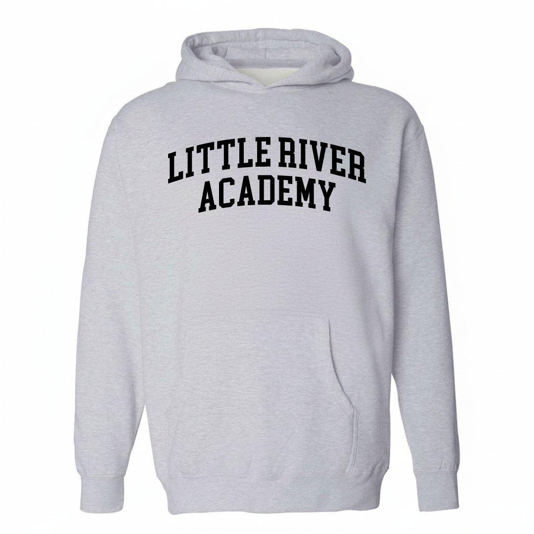 Heather-gray hoodie with the Little River-Academy varsity arched lettering design on the chest.