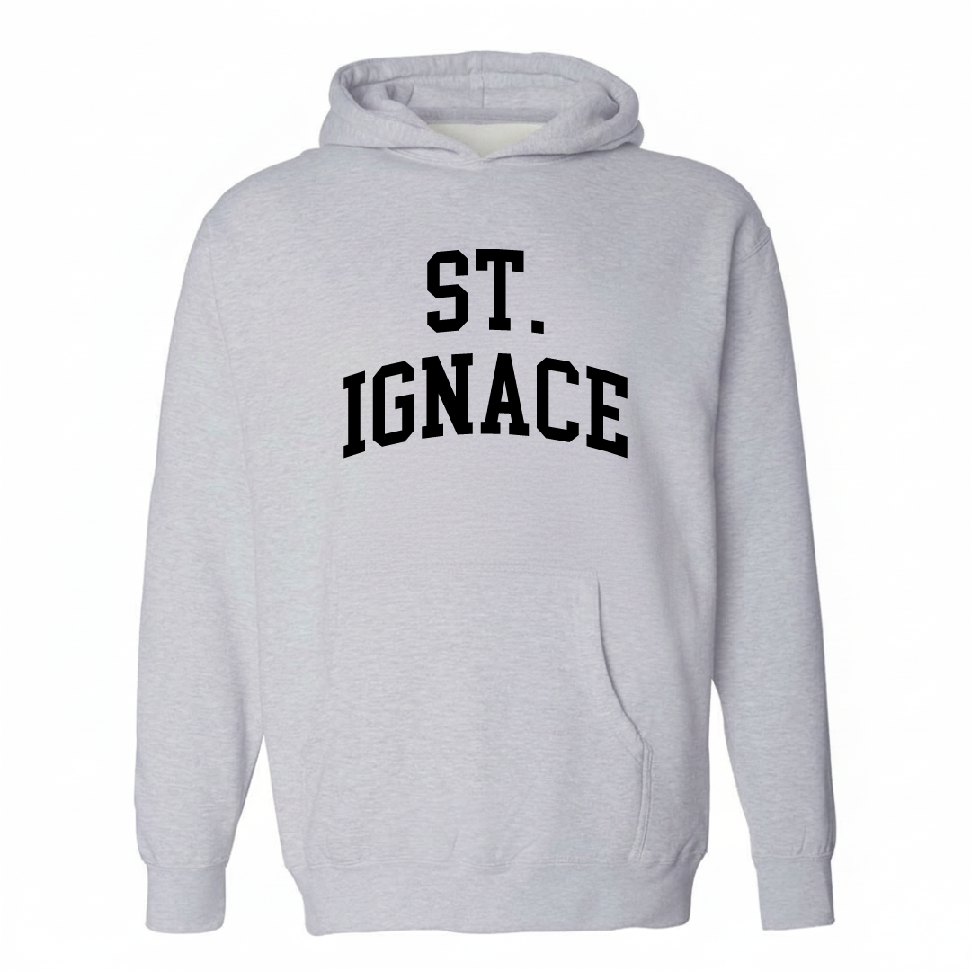Heather-gray hoodie with the St. Ignace arched varsity lettering design on the chest.