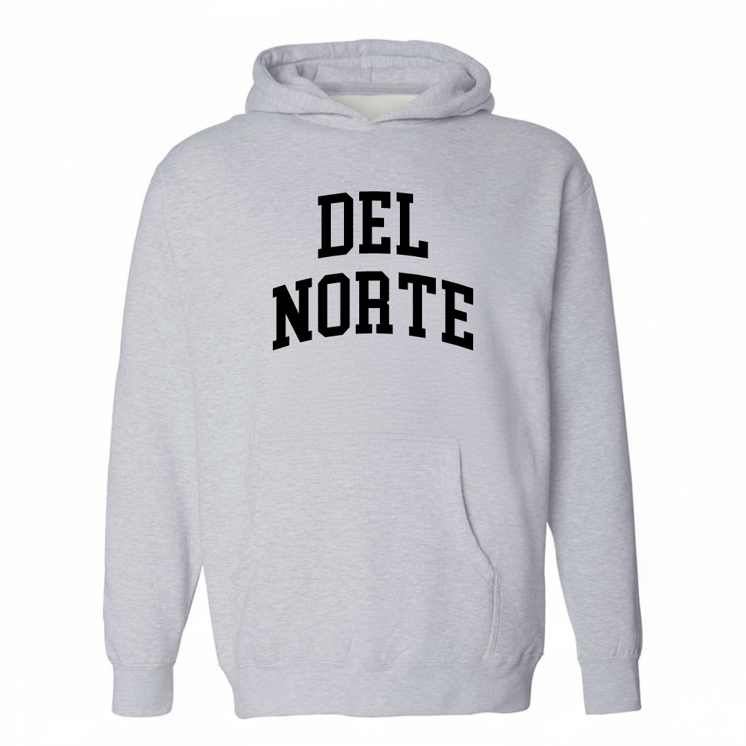 Heather-gray hoodie with the Del Norte arched varsity lettering design on the chest.