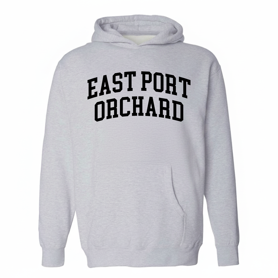 Heather-gray hoodie with the East Port Orchard varsity arched lettering design on the chest.