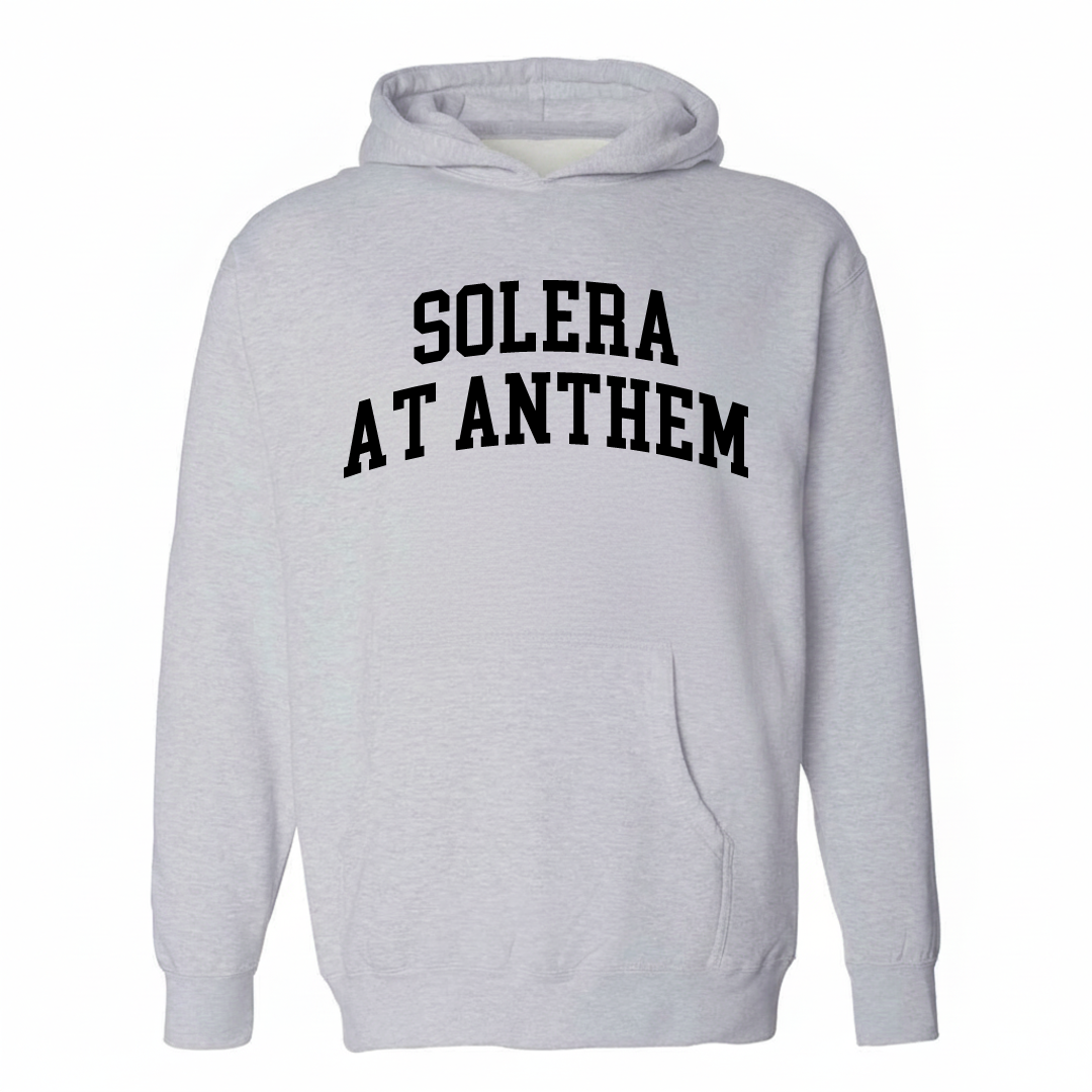 Heather-gray hoodie with the Solera at Anthem arched lettering design on the chest.