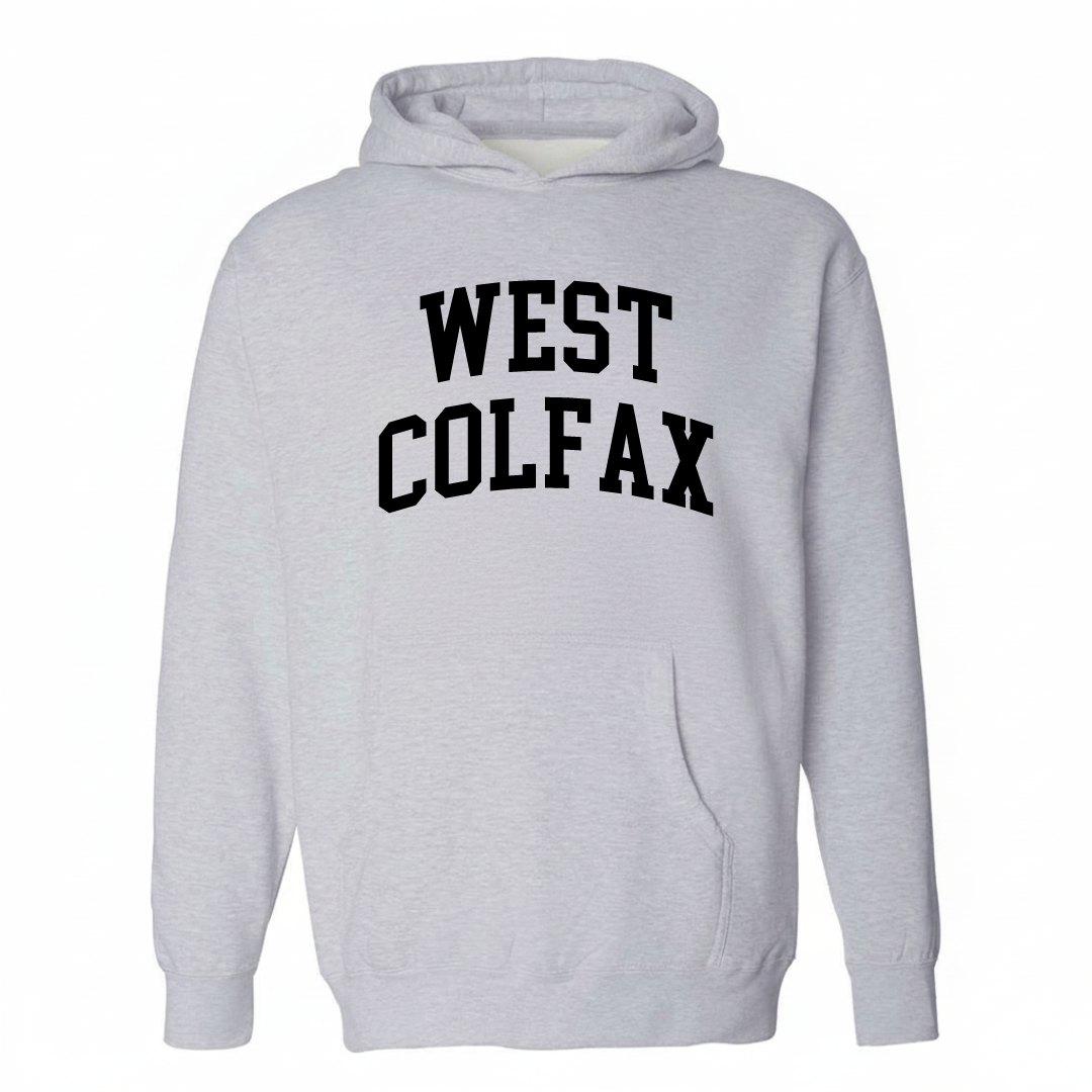 Heather-gray hoodie with the West Colfax varsity arched lettering design on the chest.