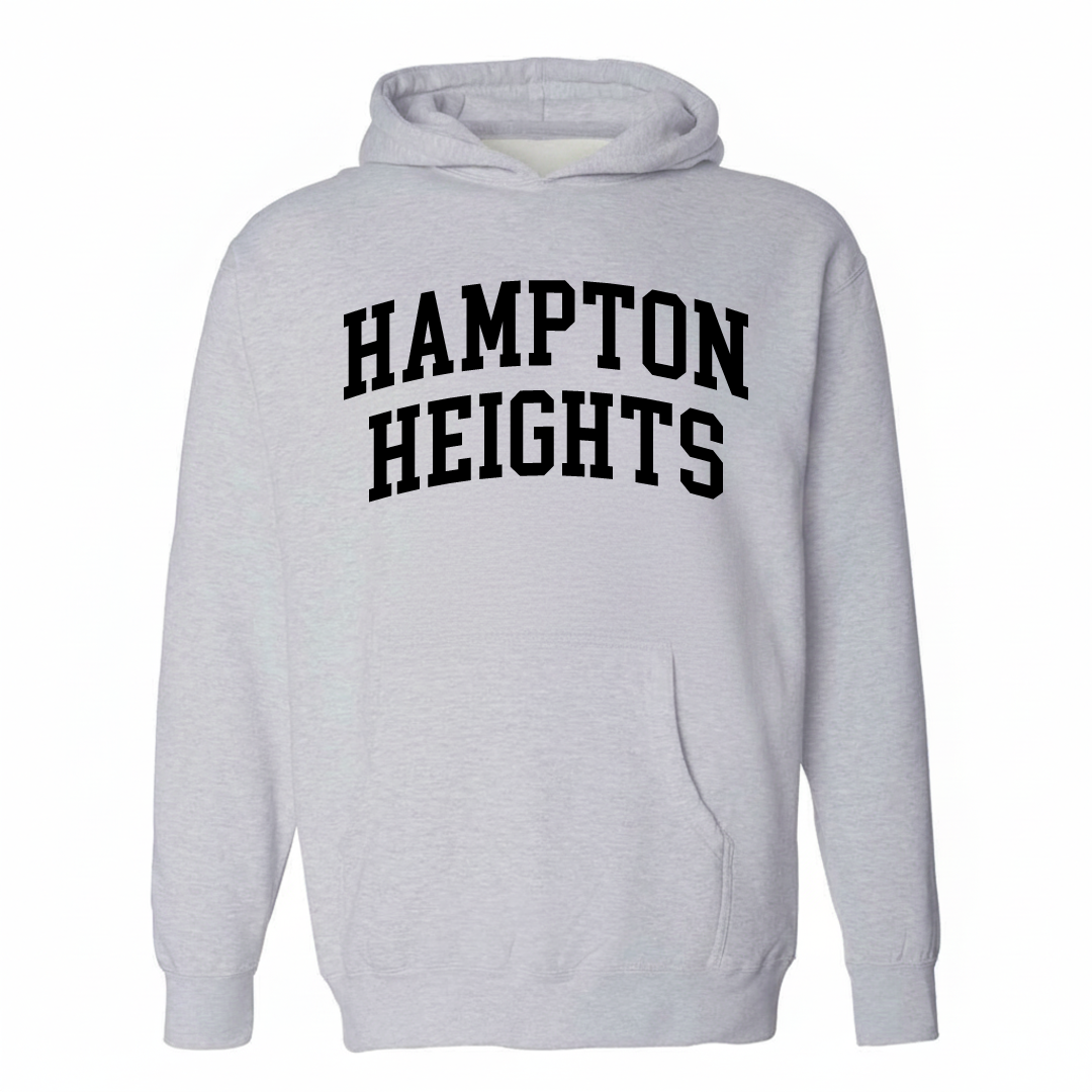 Heather-gray hoodie with the Hampton Heights varsity arched lettering design on the chest.