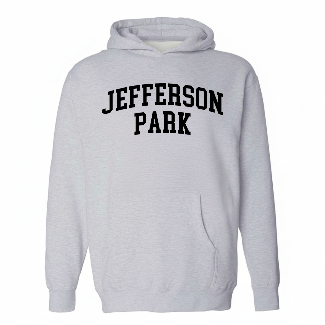 Heather-gray hoodie with the Jefferson Park arched varsity lettering design on the chest.