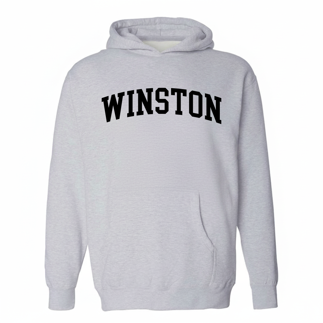 Heather-gray hoodie with the Winston arched varsity lettering design on the chest.